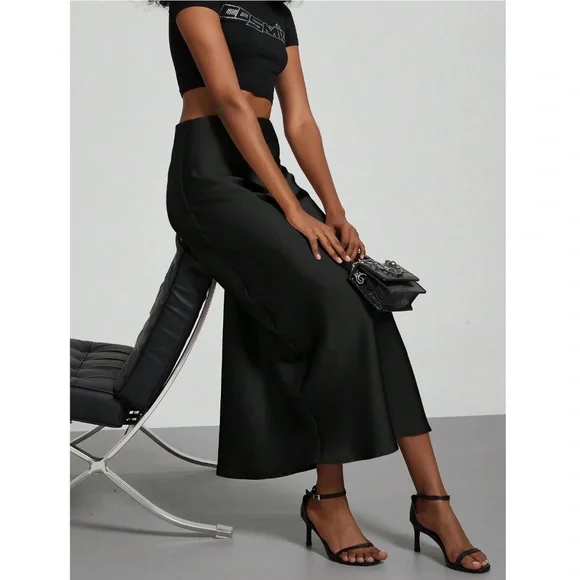 Black Satin A-Line Skirt High Waisted Long - Picture 3 of 14